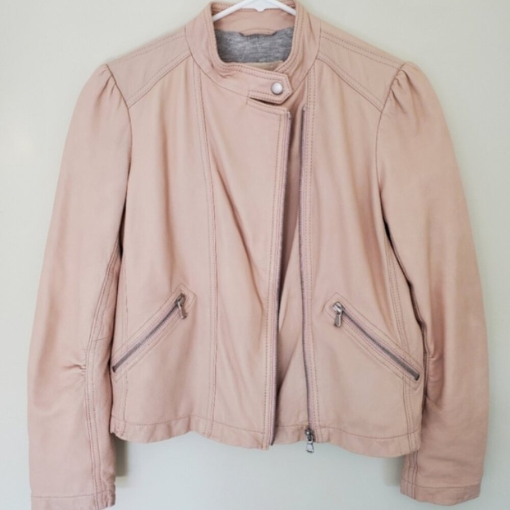 Rebecca Taylor lamb leather cropped moto jacket in nude pink